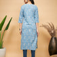 InWeave Women's Powder Blue White Print Lace Straight Kurta - Swadesiicart