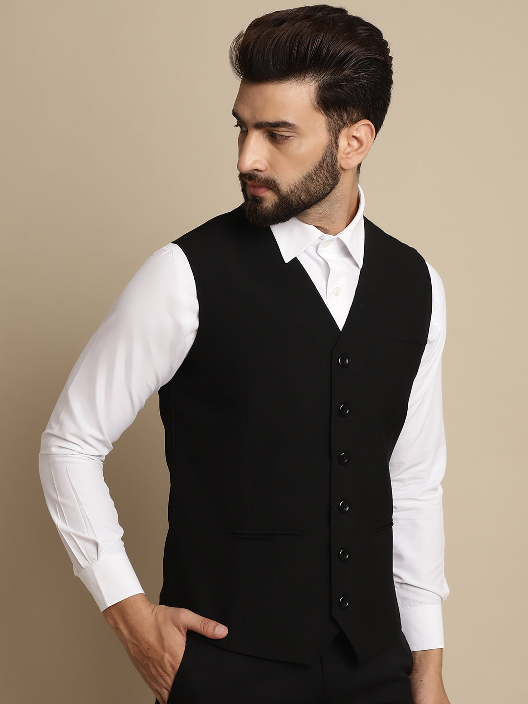 Even Apparels Men's Black Waistcoat with welt pockets | Swadesiicart