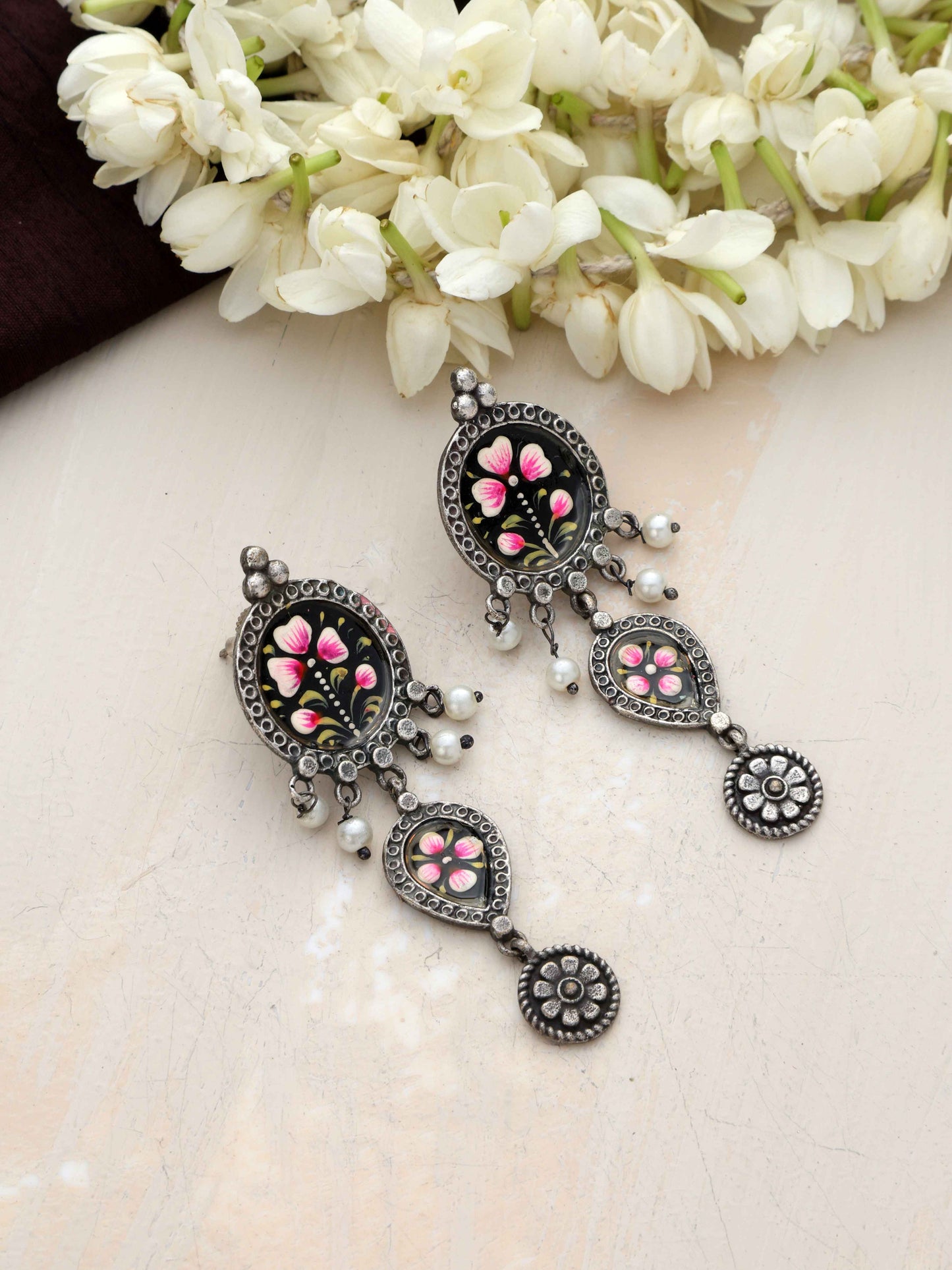 trueBrowns Silver Tone Handpainted Dangle Earrings - Swadesiicart