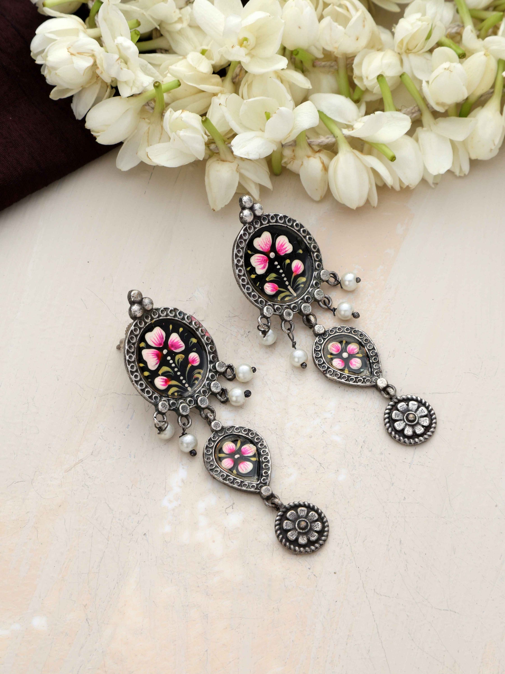 trueBrowns Silver Tone Handpainted Dangle Earrings - Swadesiicart