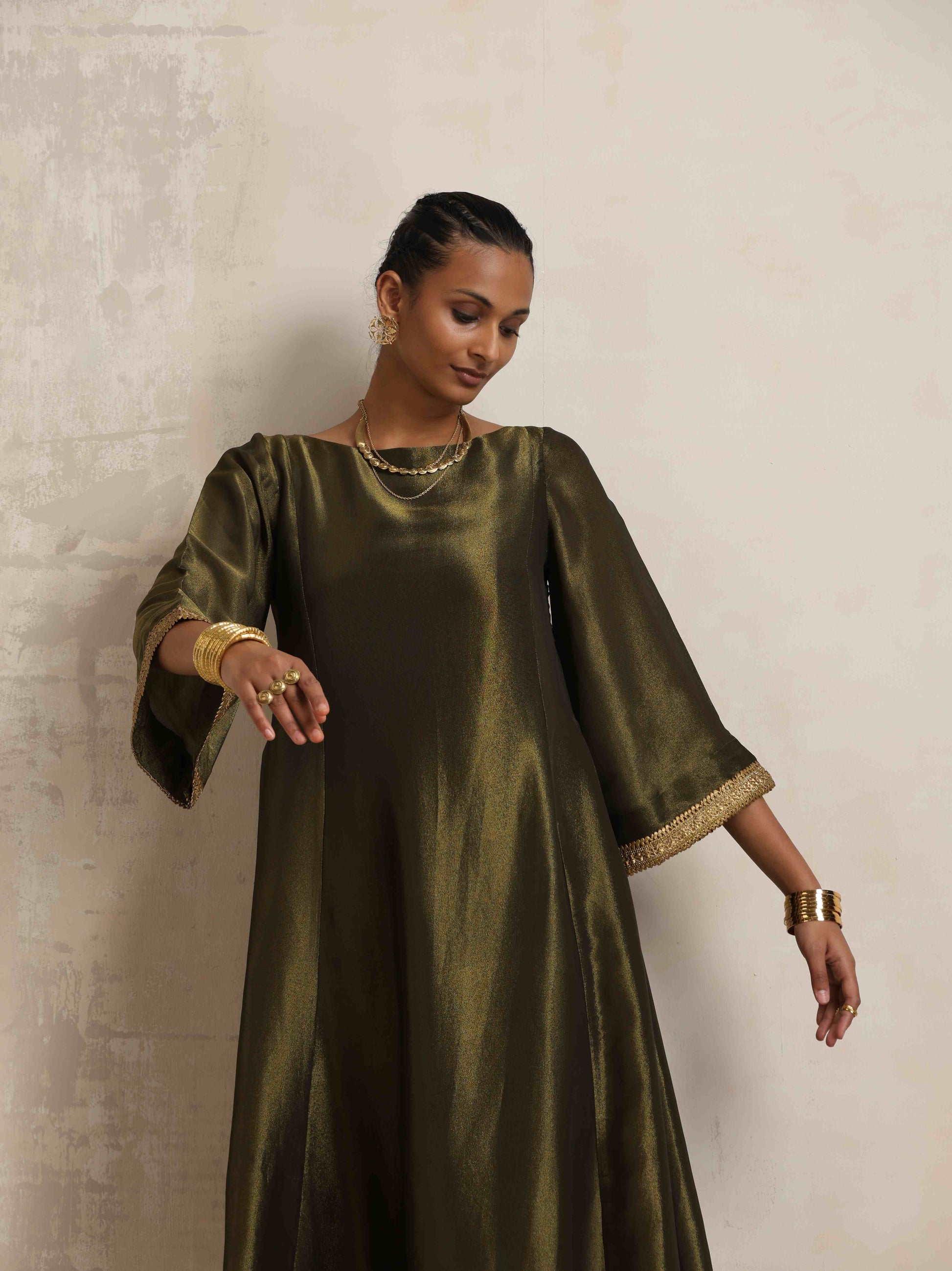 trueBrowns Olive Green Tissue Flared Anarkali Kurta Set | Swadesiicart