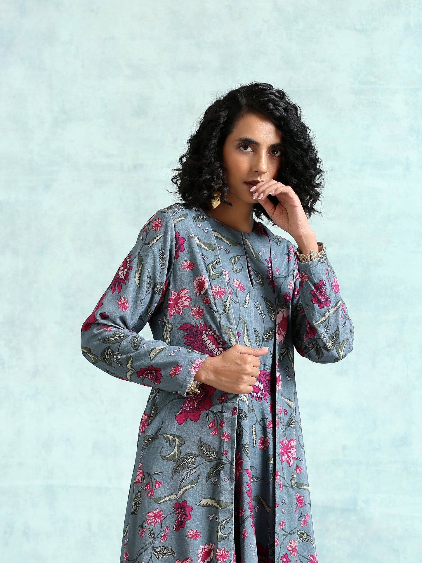 trueBrowns Grey Printed Velvet Overlay Jacket | Swadesiicart