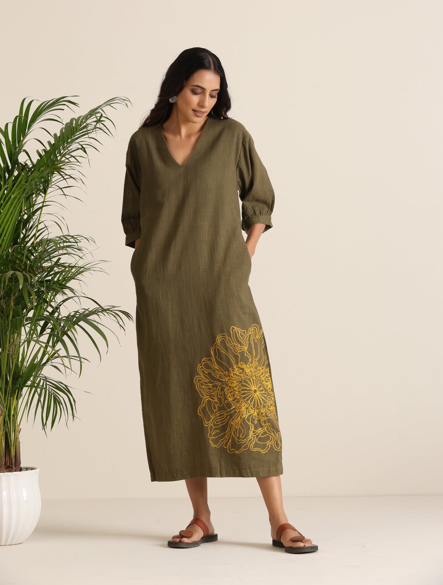 trueBrowns Olive Cotton Embroidered Dress | Swadesiicart