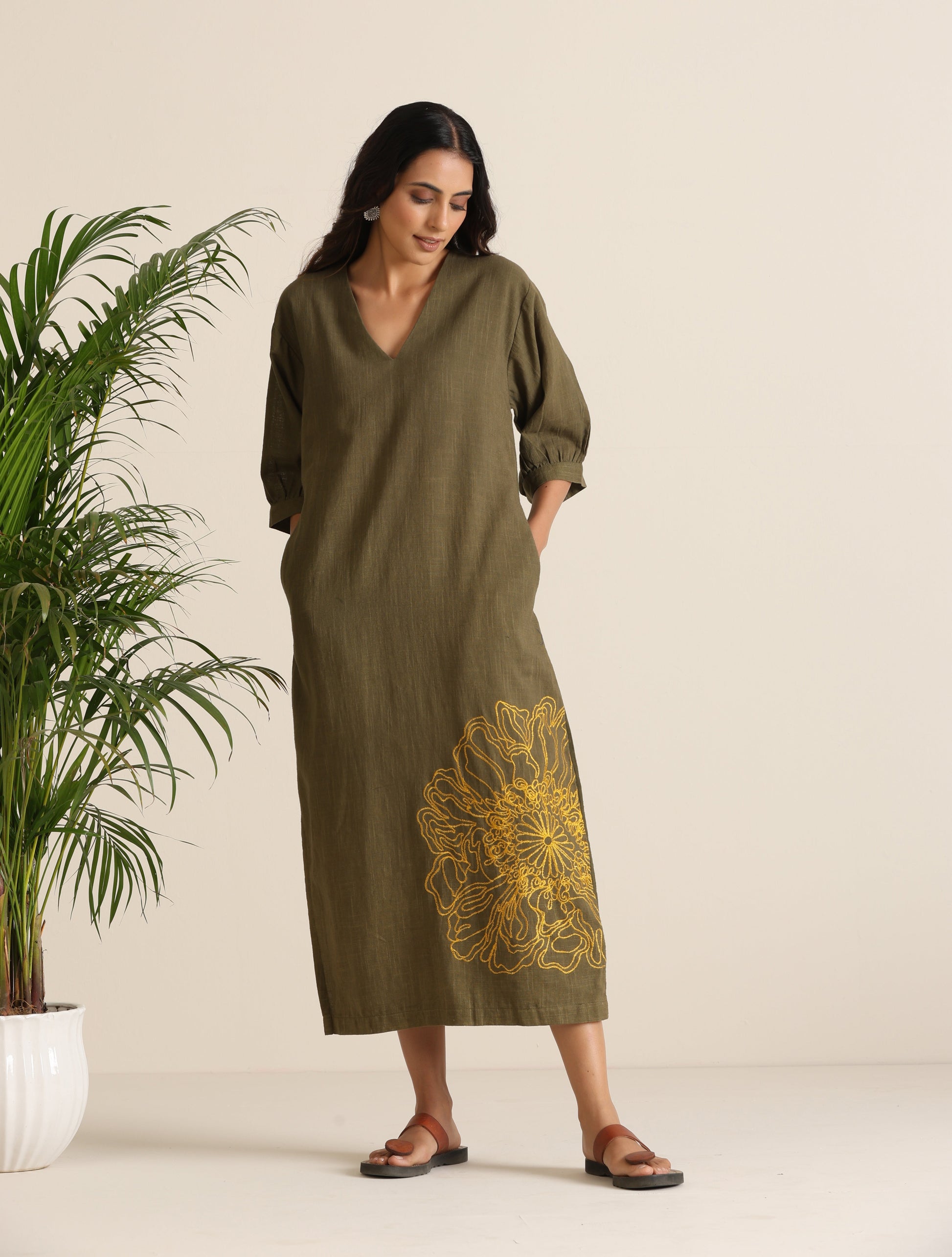 trueBrowns Olive Cotton Embroidered Dress | Swadesiicart