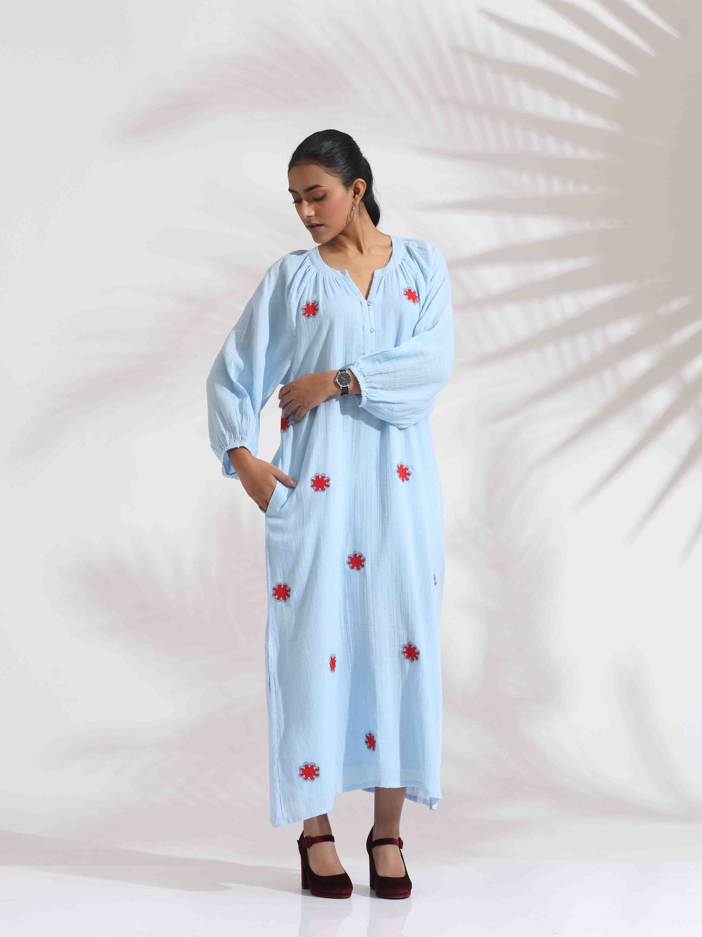 trueBrowns Blue Cotton Embroidered Dress | Swadesiicart