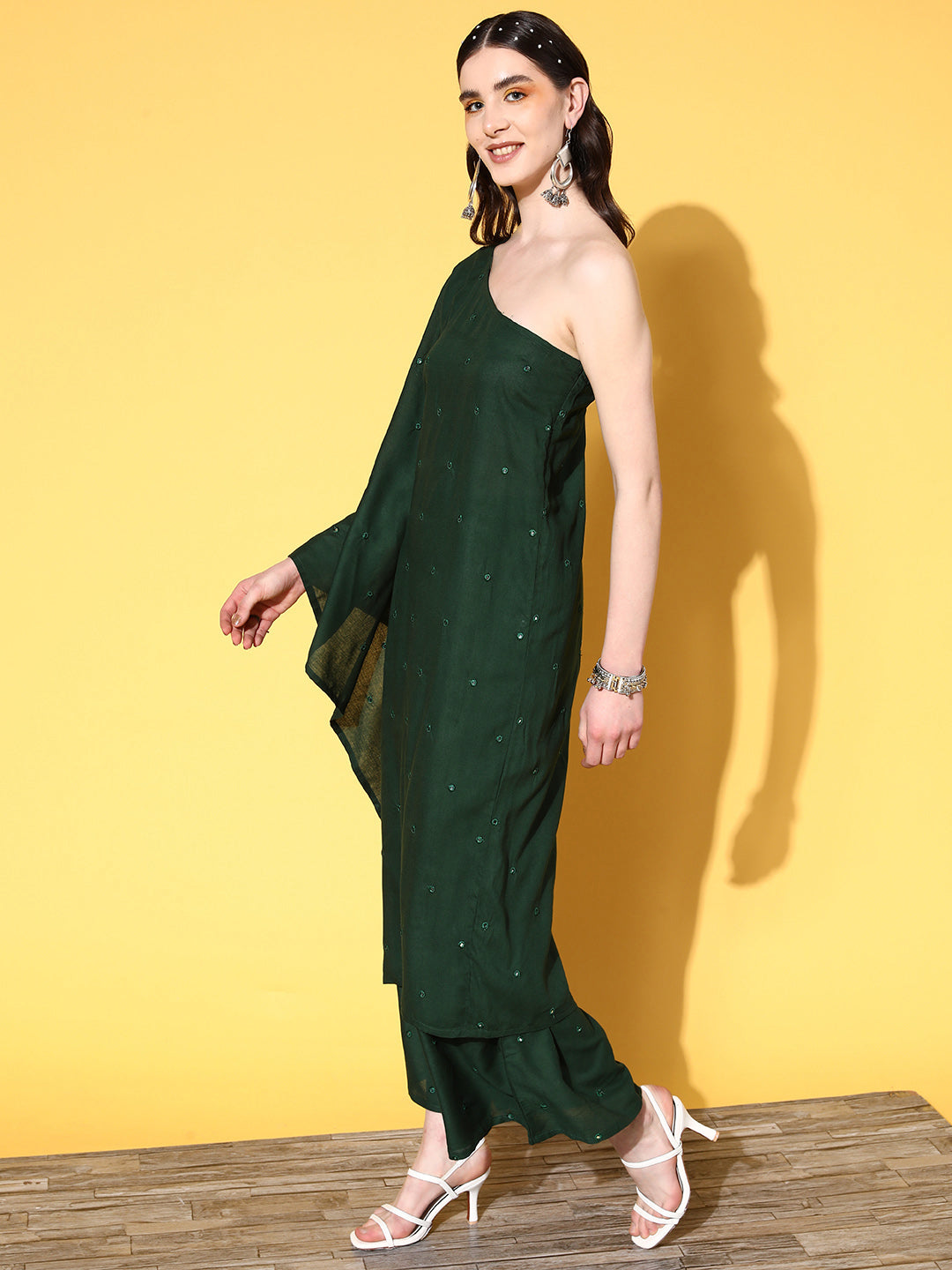 InWeave Women's Green Mirror Work One Shoulder Kurta Set - Swadesiicart