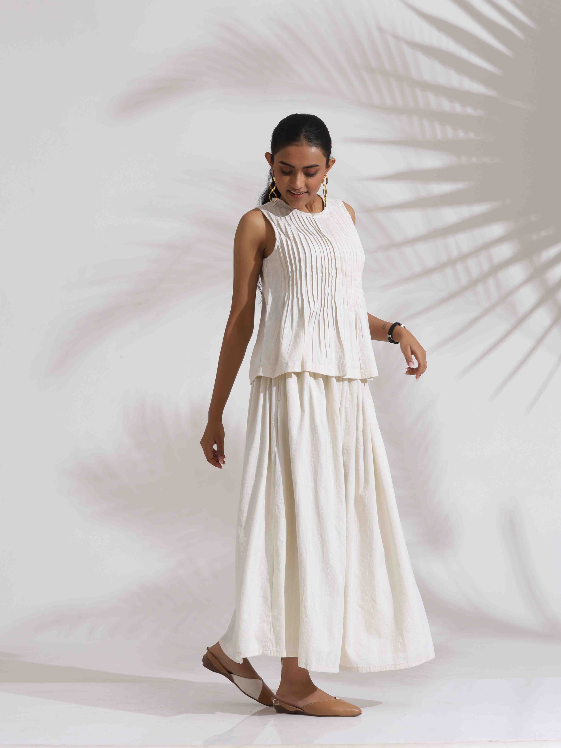 trueBrowns Off-White Cotton Skirt Co-ord Set - Swadesiicart