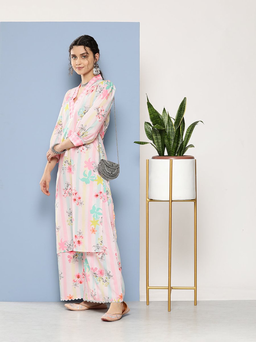 Ahalyaa Women Pink Floral Printed Gotta Patti Kurta with Palazzos | Swadesiicart