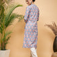 InWeave Women's Blue Pink Print Angrakha Style Straight Kurta Pant Set - Swadesiicart