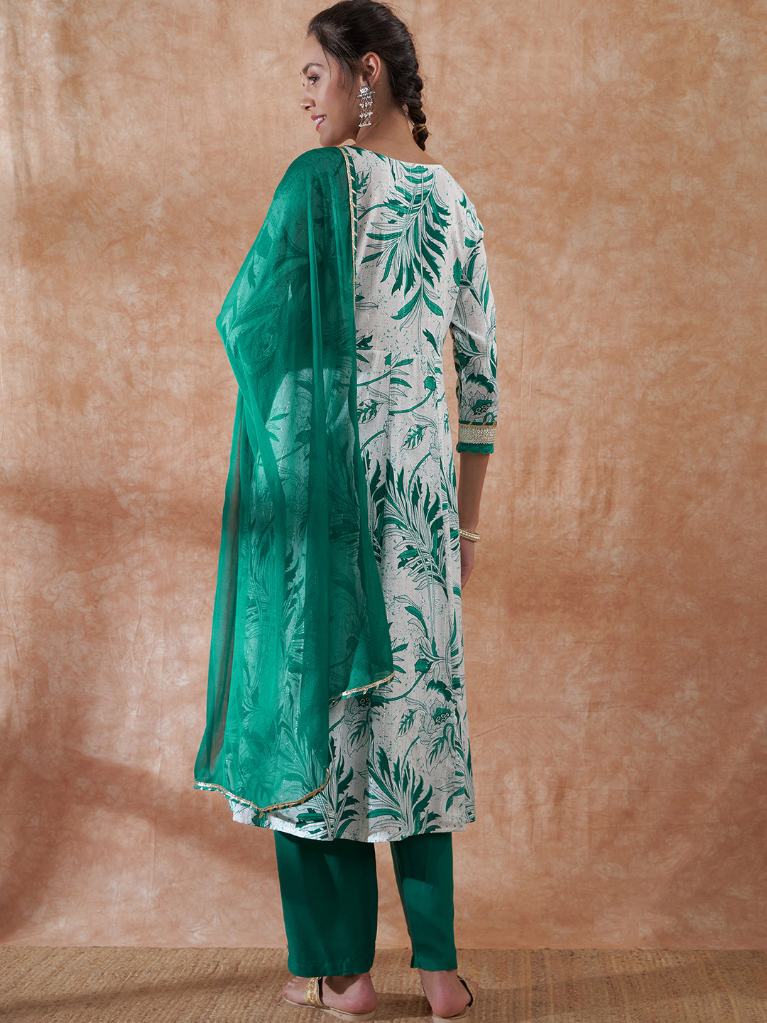 InWeave Women's White Teal Lurex Leaf Print Patch Gota Kurta Set W Teal Dupatta - Swadesiicart