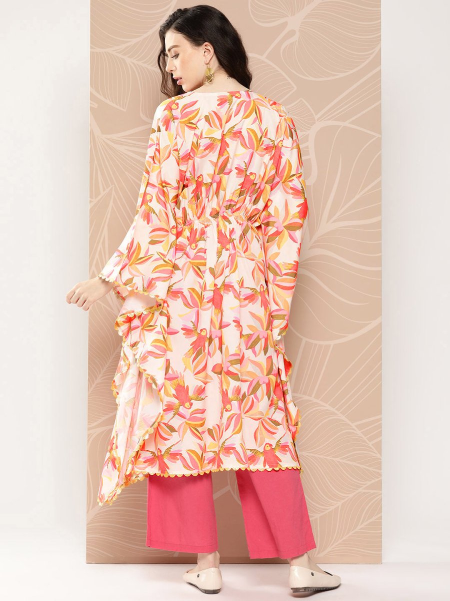 Ahalyaa Women Floral Printed Flared Sleeves Gotta Patti Crepe Kaftan Kurta | Swadesiicart