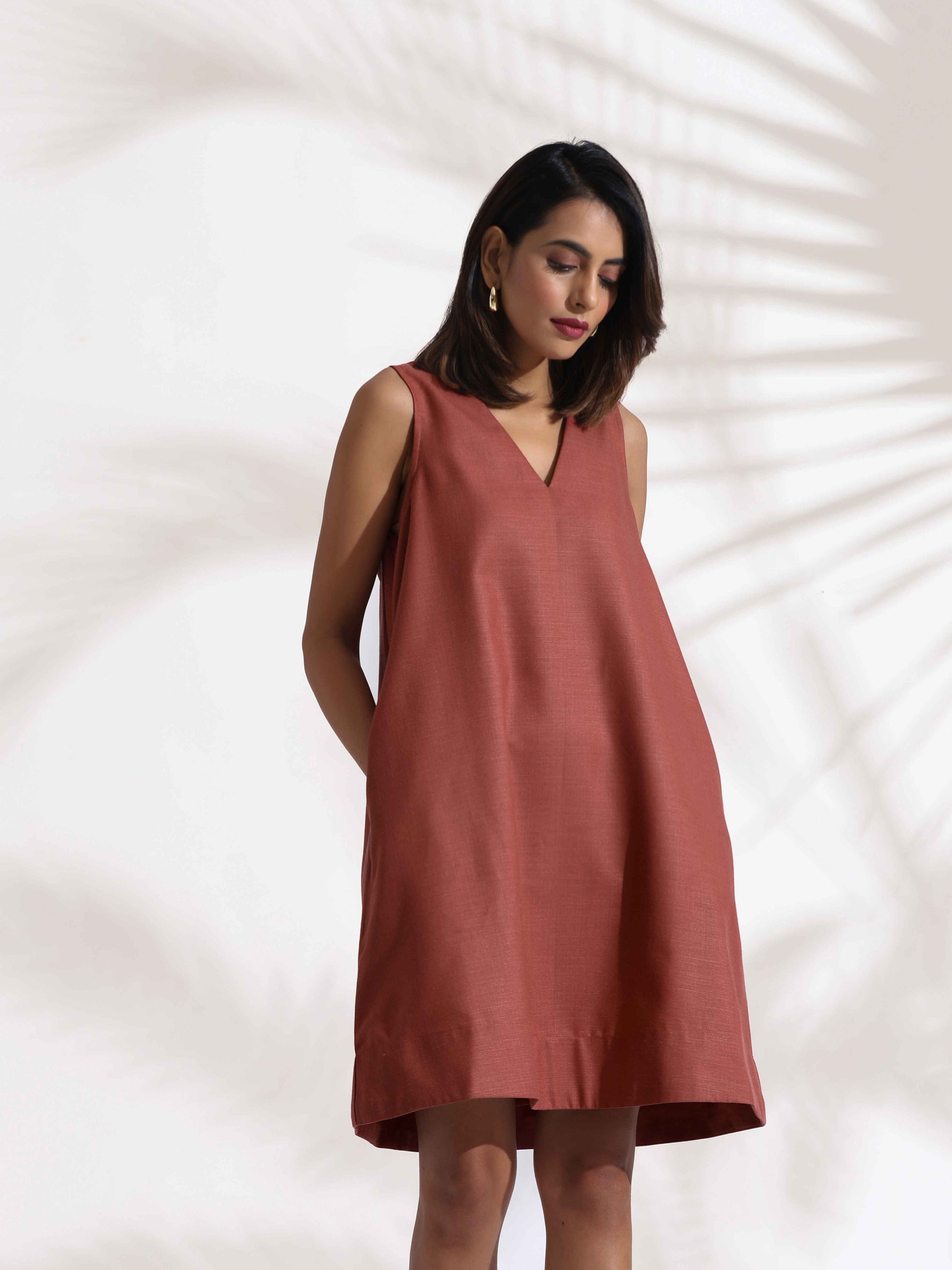 trueBrowns Pink Slub Dress | Swadesiicart