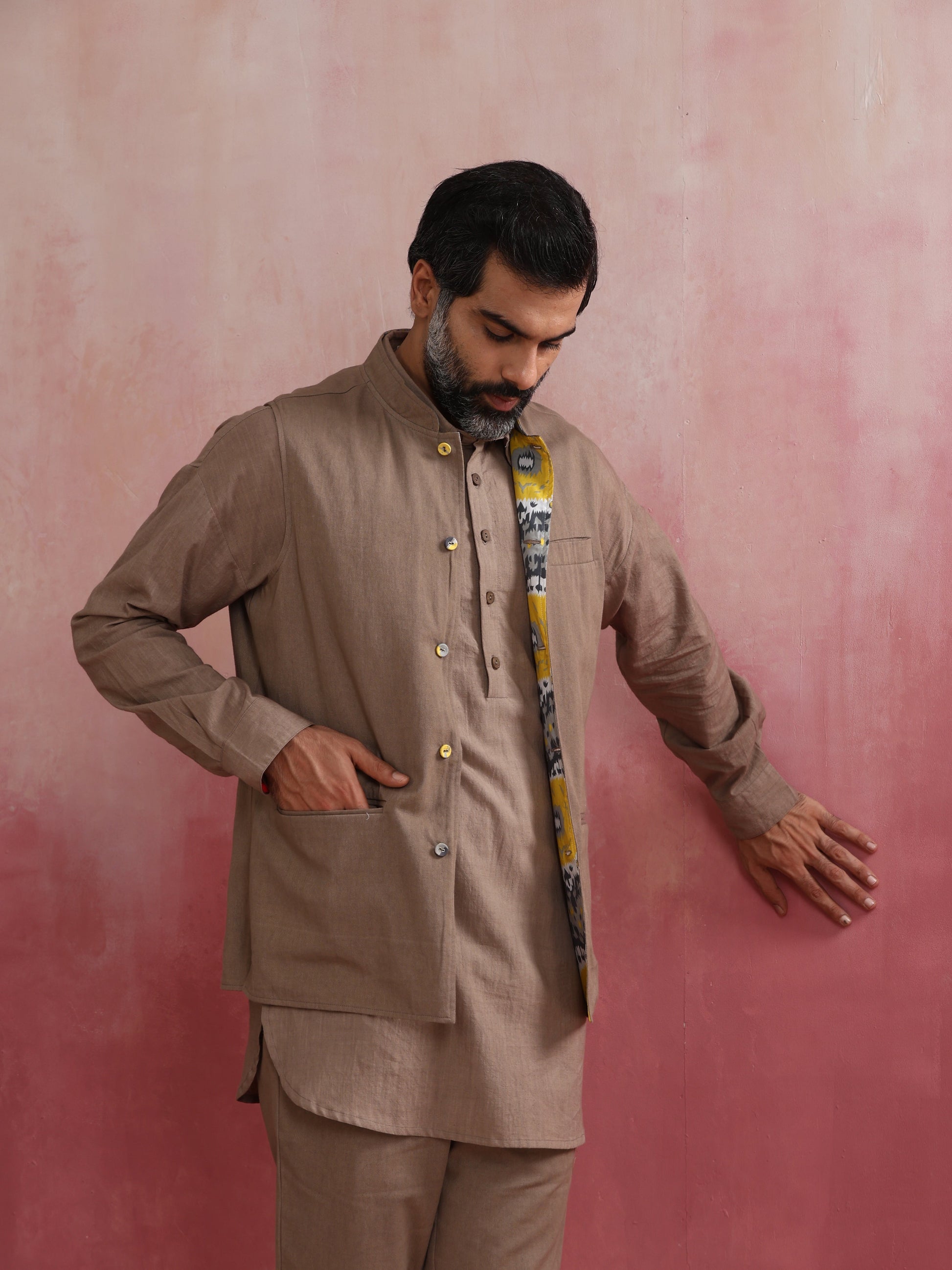 trueBrowns Men's Grey Ikat Print Cotton Reversible Nehru Jacket | Swadesiicart