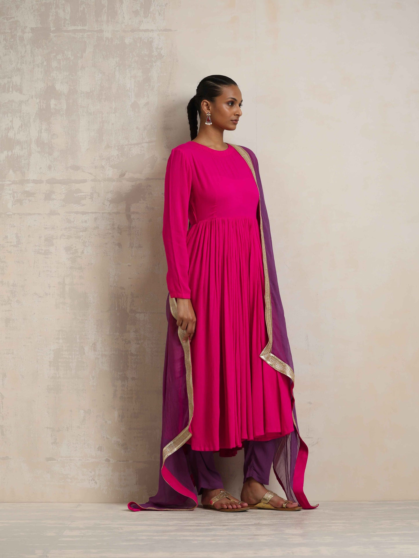 trueBrowns Pink Crinkle Anarkali Kurta Pant Dupatta Set | Swadesiicart