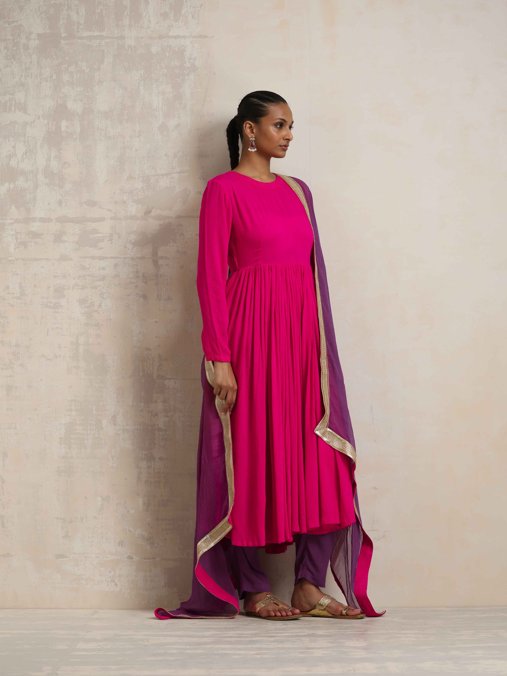 trueBrowns Pink Crinkle Anarkali Kurta Pant Dupatta Set | Swadesiicart