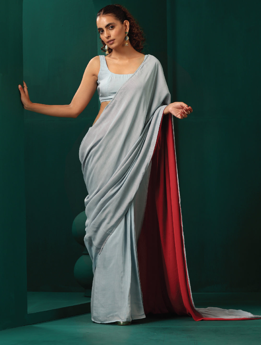 trueBrowns Powder Blue Muslin Silk Scoop Neck Sleeveless Blouse | Swadesiicart