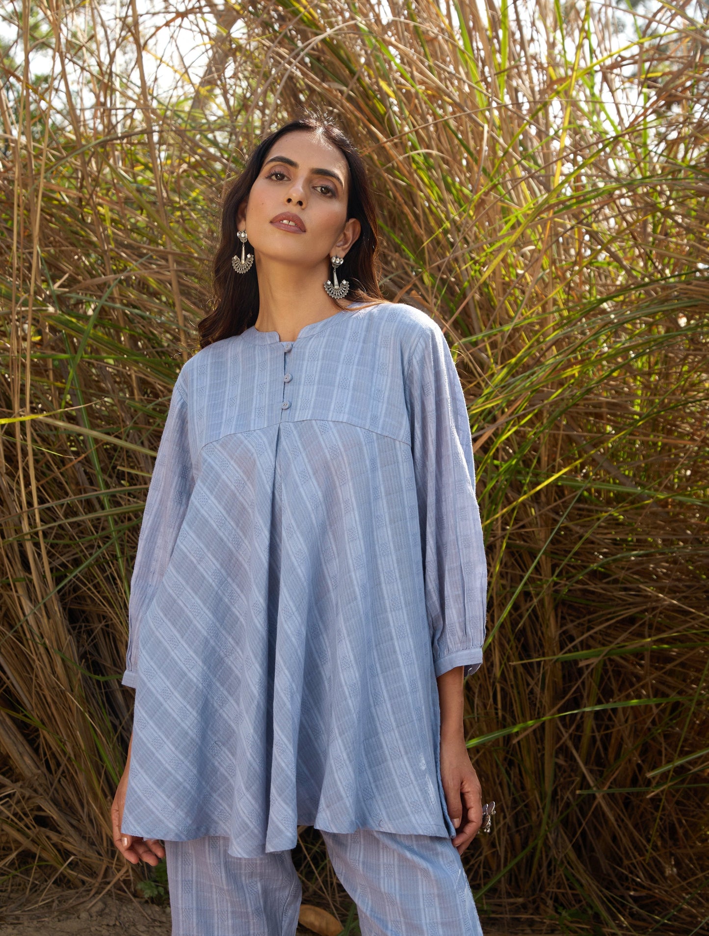 trueBrowns Light Blue Cotton Dobby Flared Co-ord Set - Swadesiicart