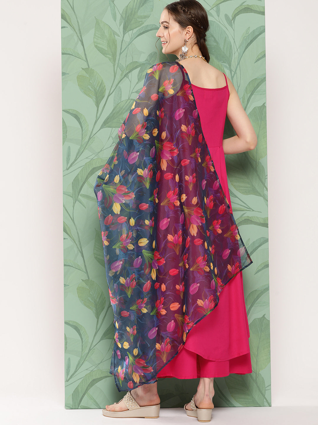 InWeave Women's Fuchsia Strappy Set W Navy Pink Or Dupatta - Swadesiicart
