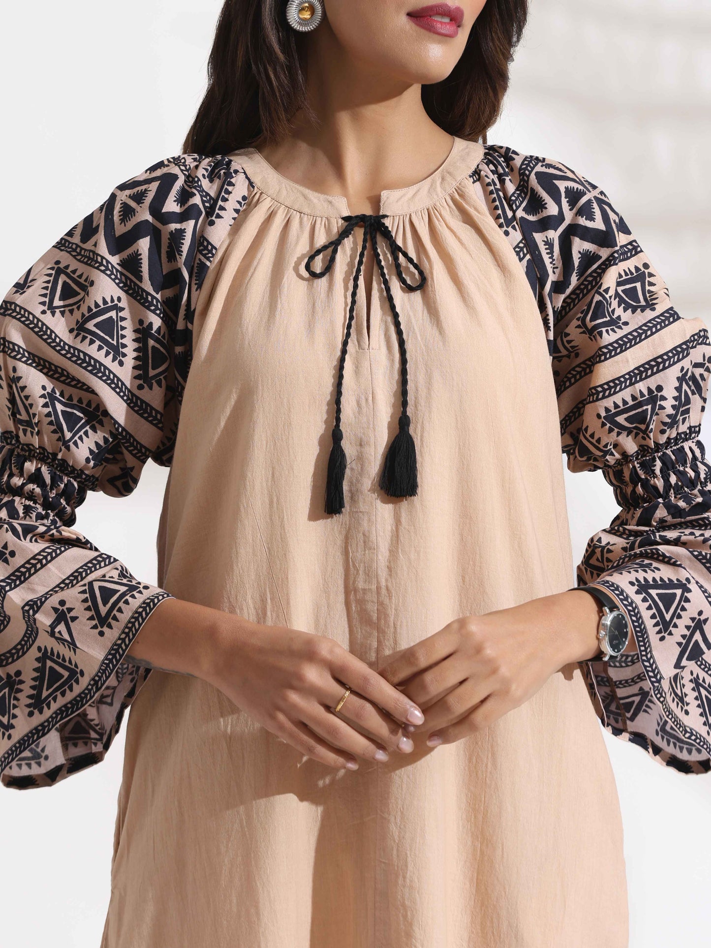 trueBrowns Beige Cotton Print Long Dress | Swadesiicart