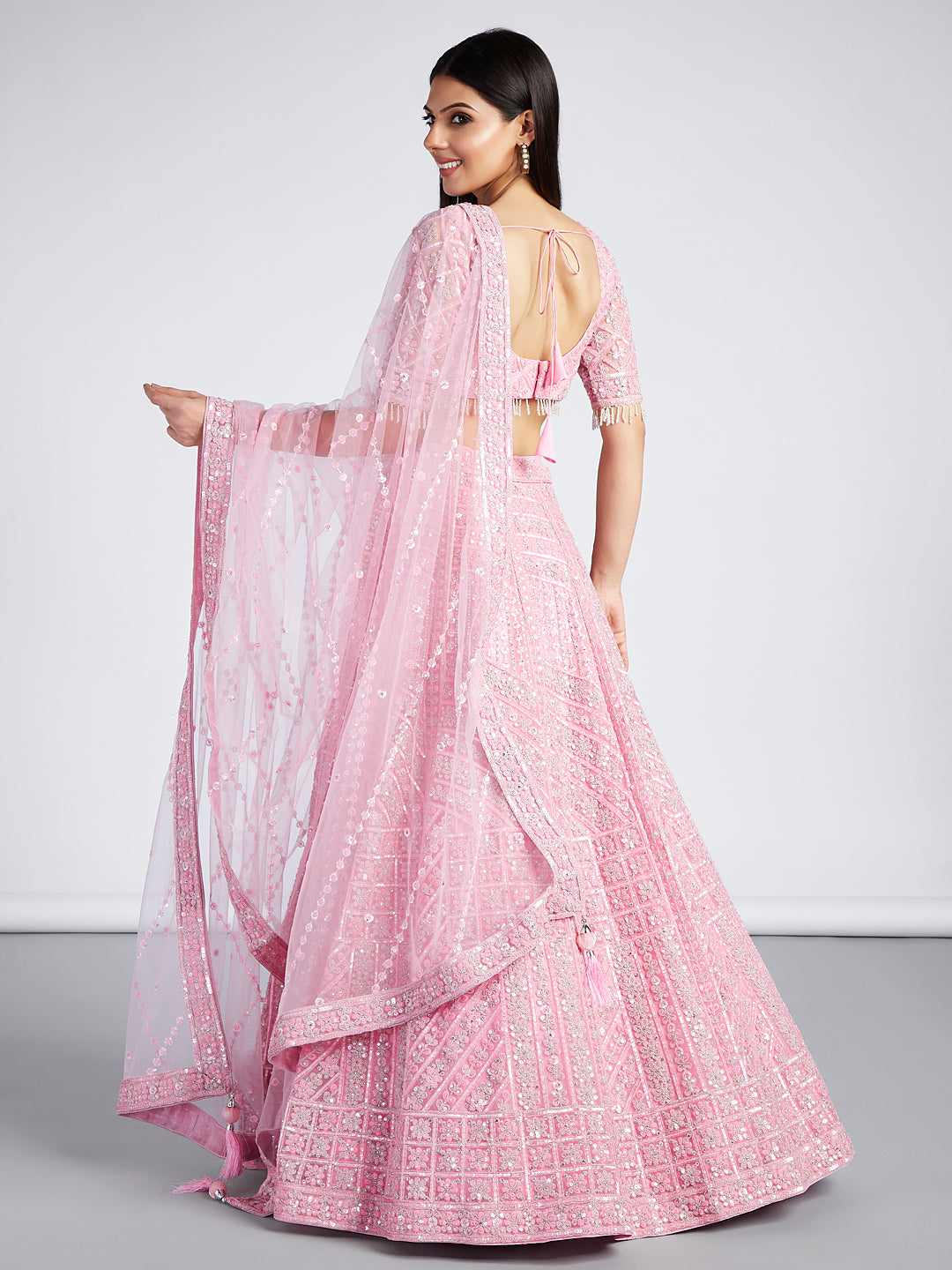 House of Panchhi Pink Net Sequins, Zarkan And Thread Embroidery Lehenga Choli & Dupatta | Swadesiicart