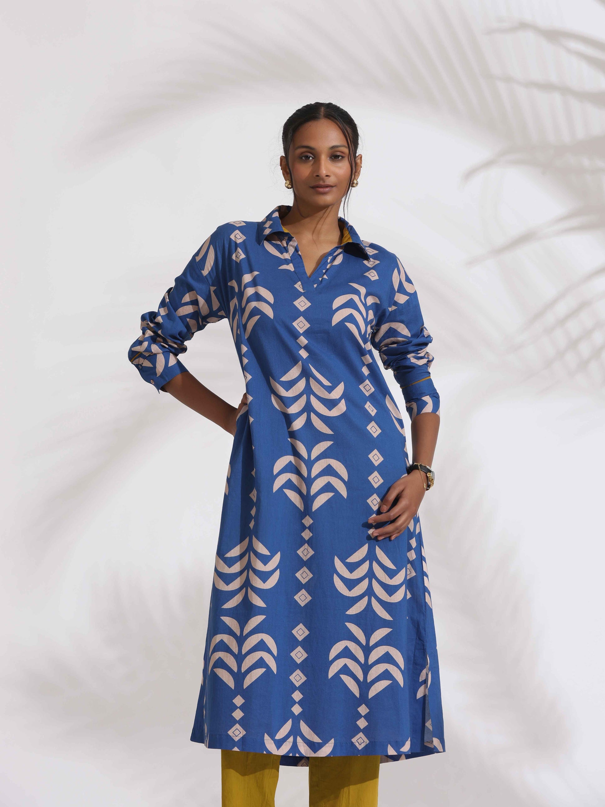 trueBrowns Blue Cotton Stripe Print Kurta Set | Swadesiicart