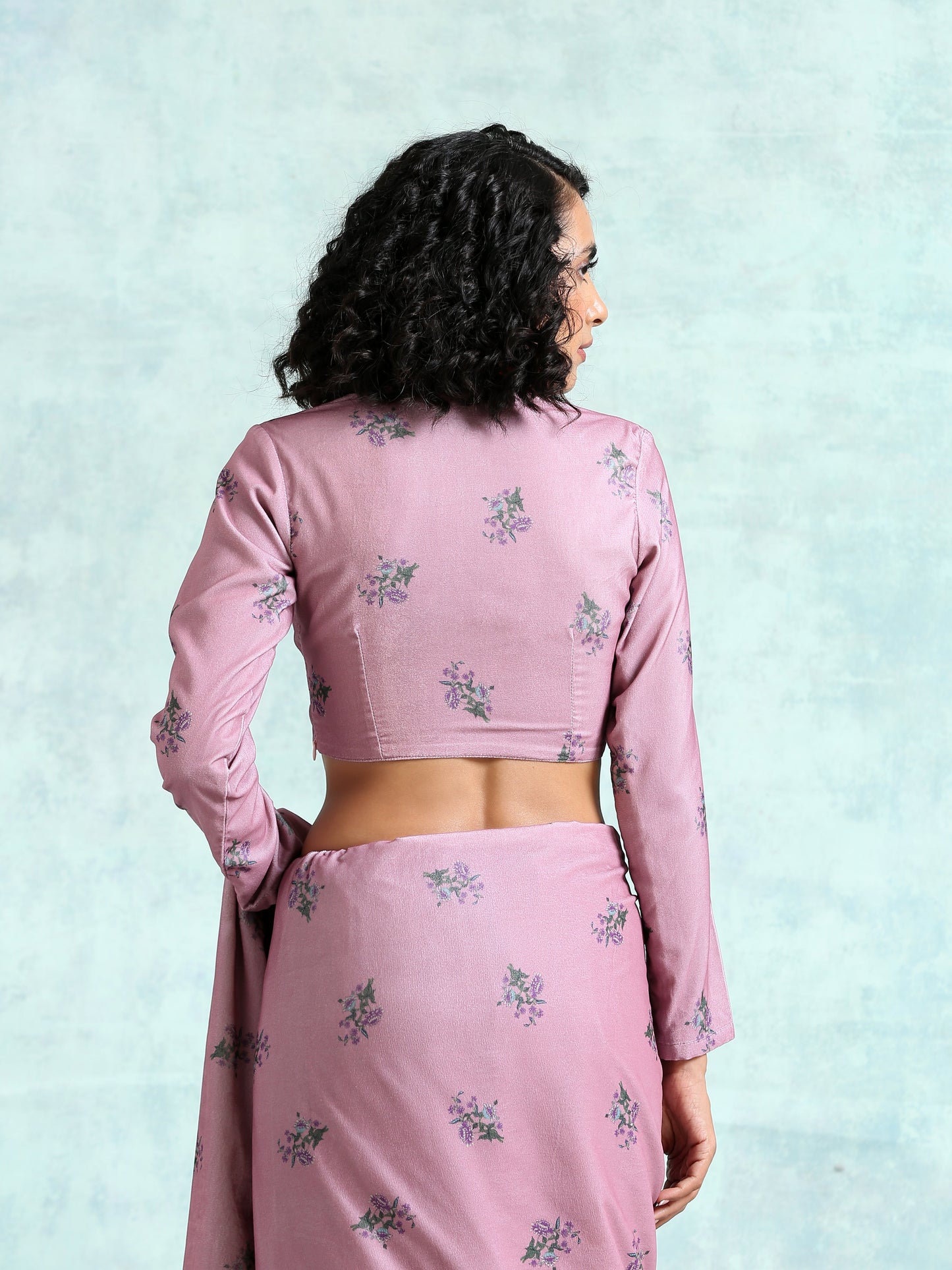 trueBrowns Light Mauve Printed Velvet Blouse | Swadesiicart