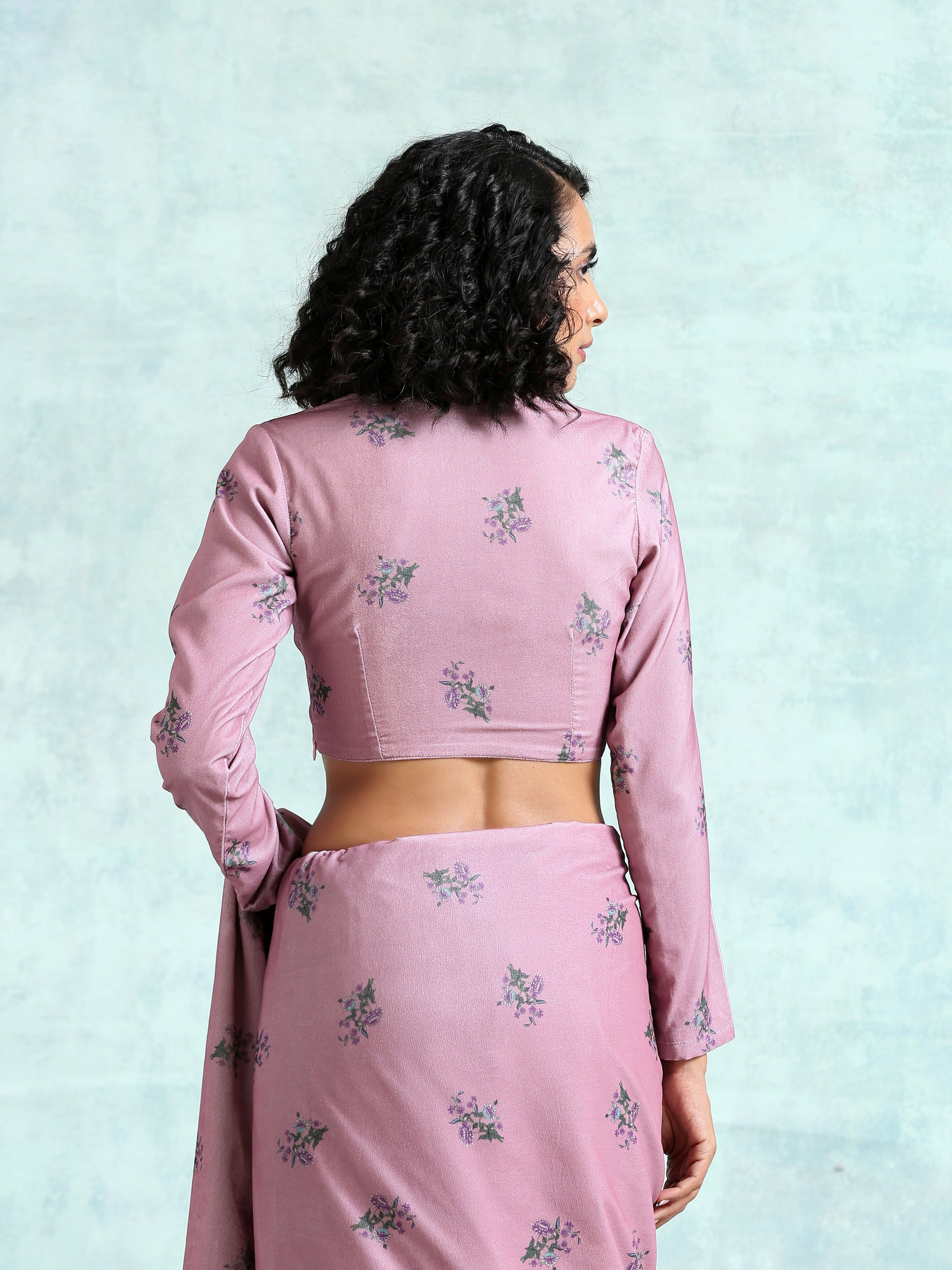 trueBrowns Light Mauve Printed Velvet Blouse | Swadesiicart