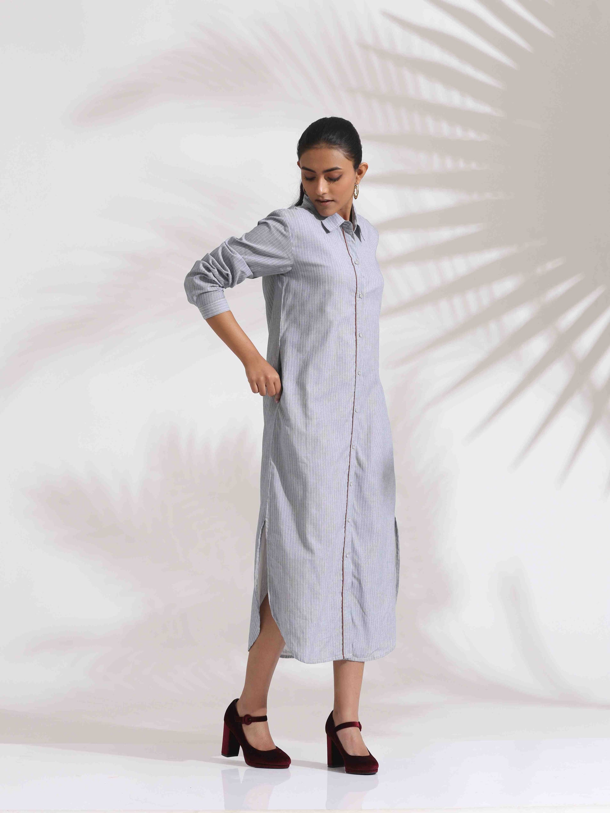 trueBrowns Grey Stripe Cotton Shirt Dress | Swadesiicart