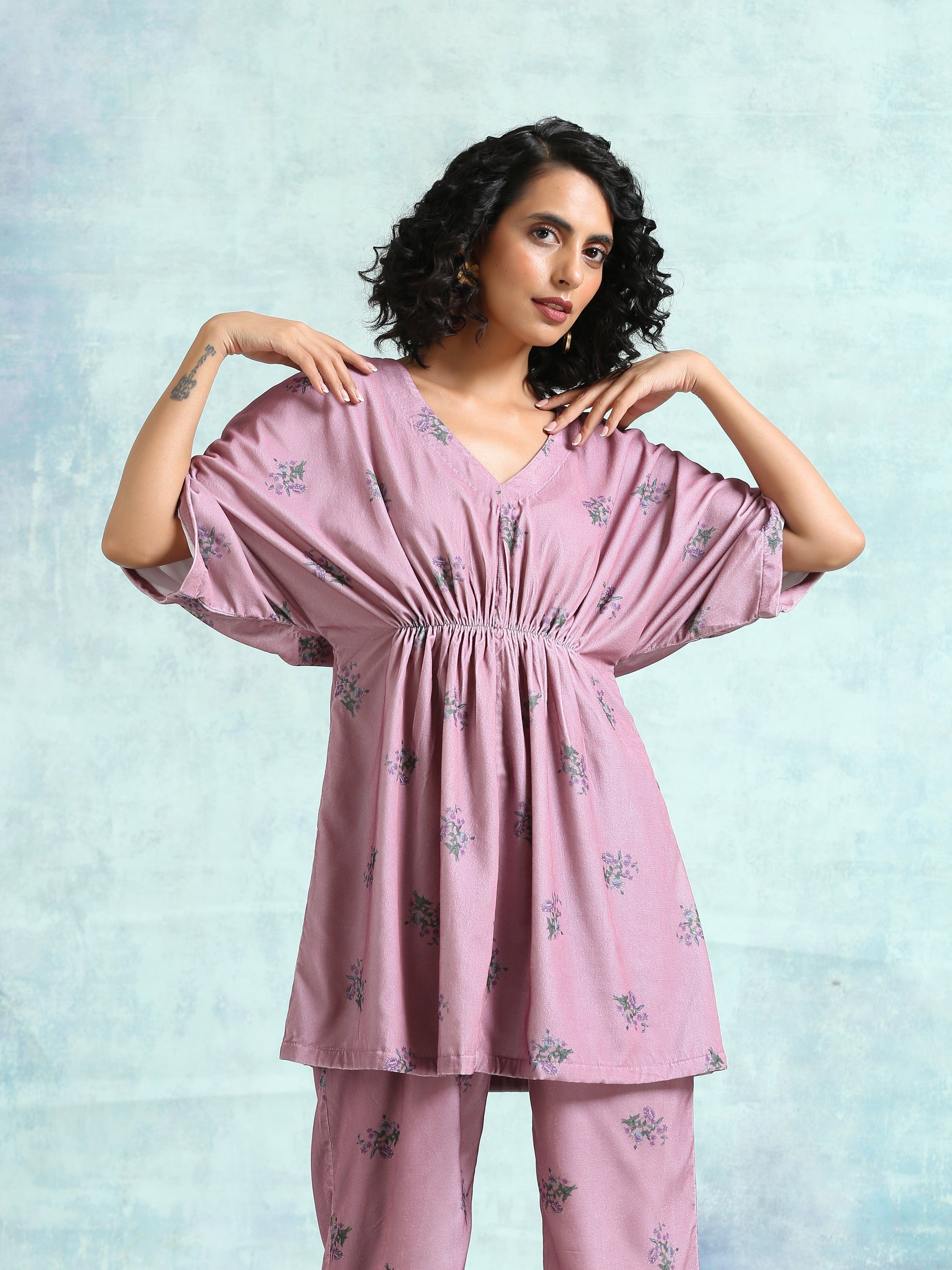 trueBrowns Light Mauve Printed Velvet Co-Ord Set - Swadesiicart