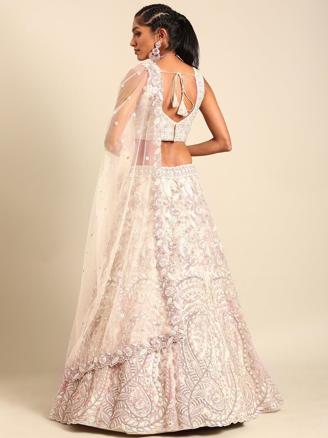 House of Panchhi Cream Net Multi Sequins with heavy Zarkan embroidery Lehenga choli & Dupatta | Swadesiicart