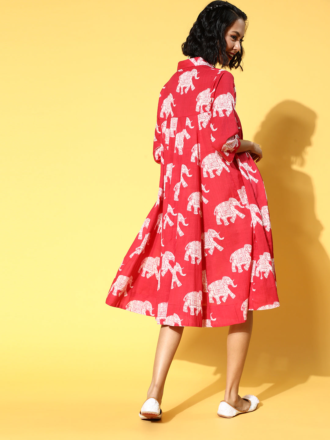 InWeave Red Elephant Flared Dress - Swadesiicart