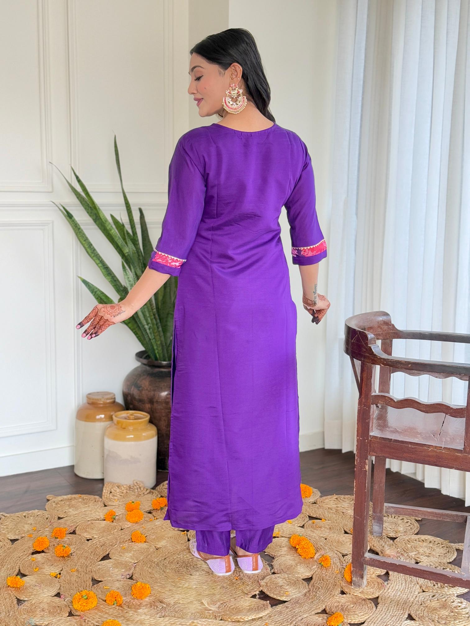 The52 Women's Beautiful Roman Silk Embroidered Straight Kurta with Pant And Dupatta Set - Swadesiicart
