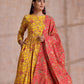 trueBrowns Sunshine Yellow Overall Floral Block Print Cotton Kurta Pant Dupatta Set | Swadesiicart
