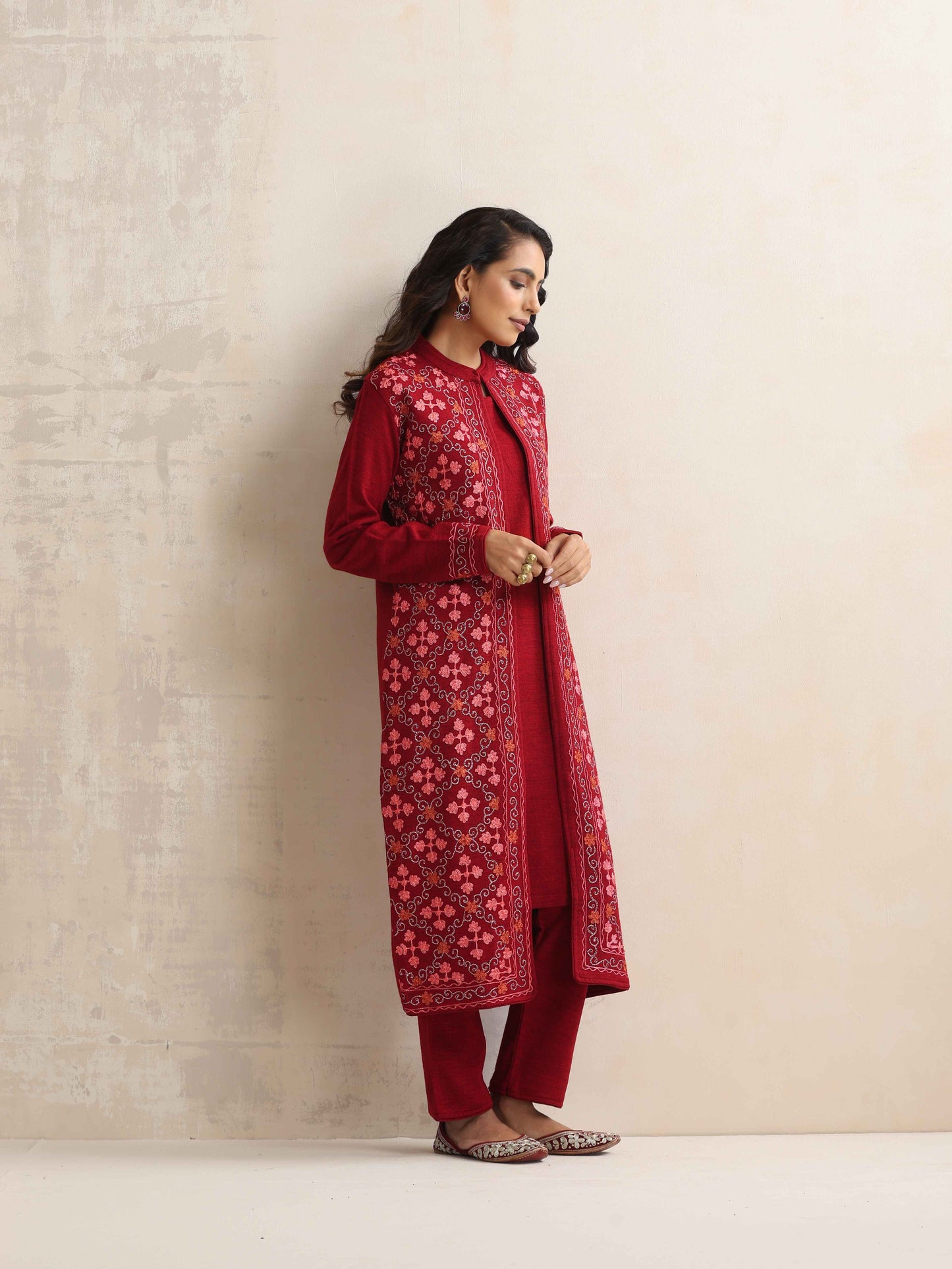 trueBrowns Maroon Kashmiri Woollen Jacket 3pc Set | Swadesiicart