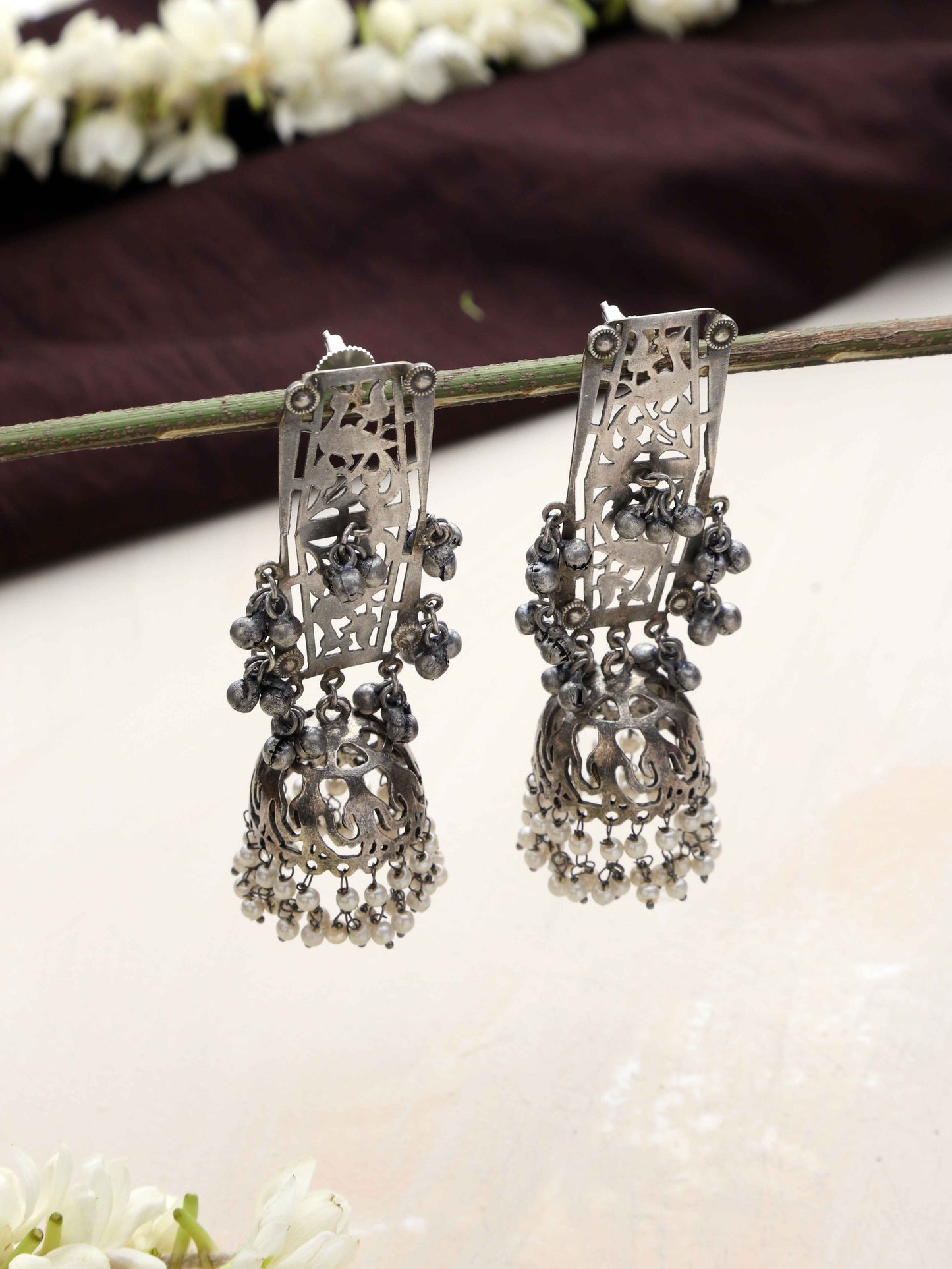 trueBrowns Silver Tone Floral Jhumka Earrings - Swadesiicart