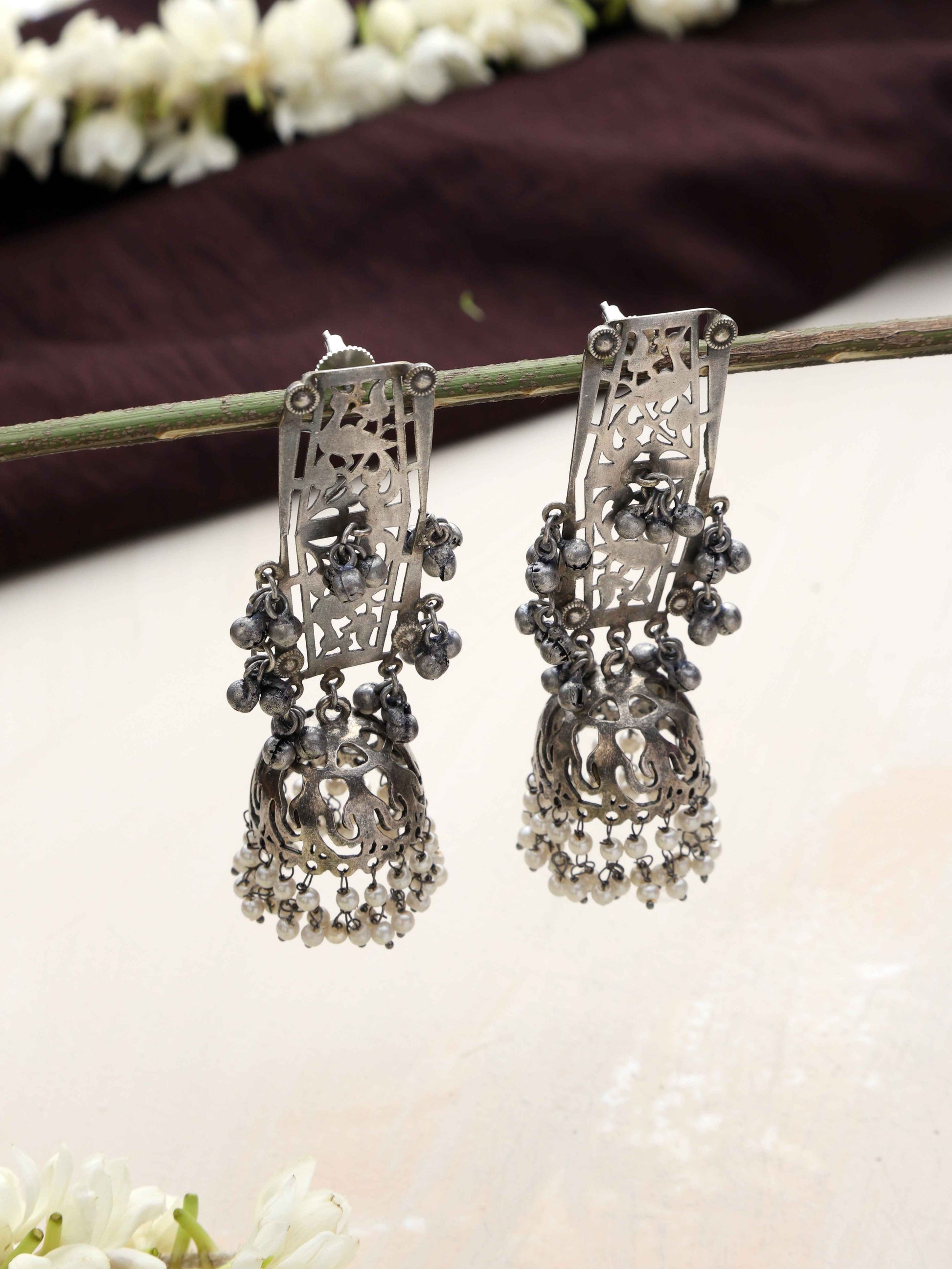 trueBrowns Silver Tone Floral Jhumka Earrings - Swadesiicart