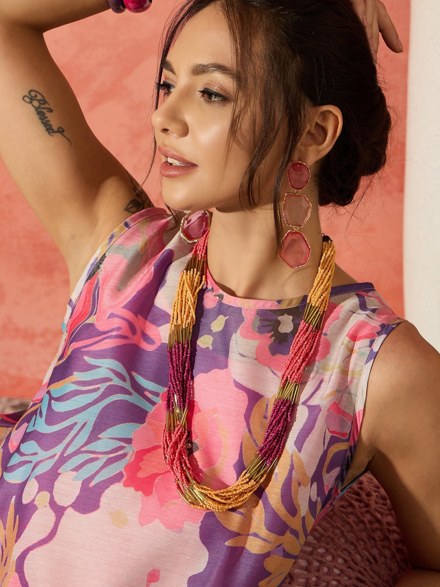 InWeave Purple Floral Peach Asymmetrical Dress - Swadesiicart