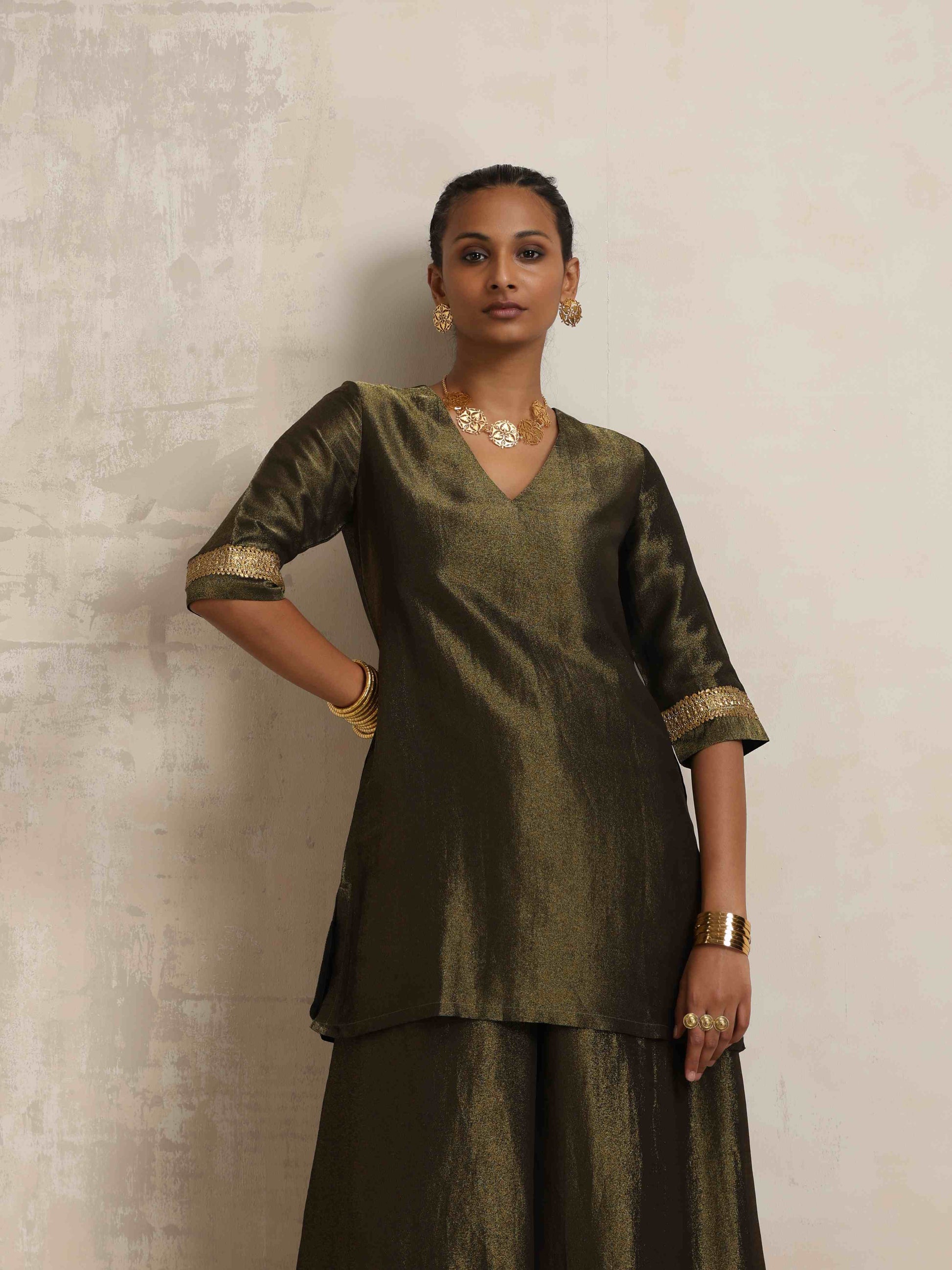 trueBrowns Olive Green Tissue Sharara Set | Swadesiicart