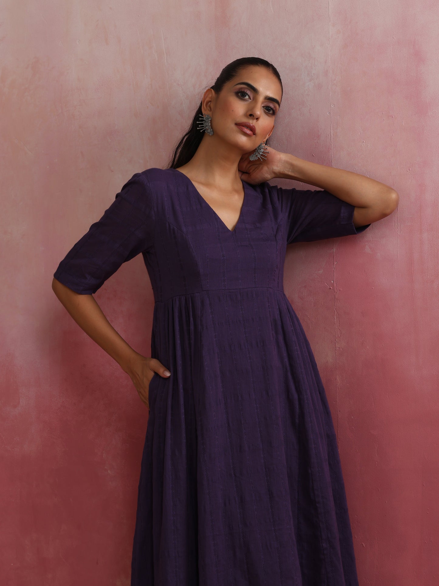 trueBrowns Purple Cotton Dobby Dress | Swadesiicart