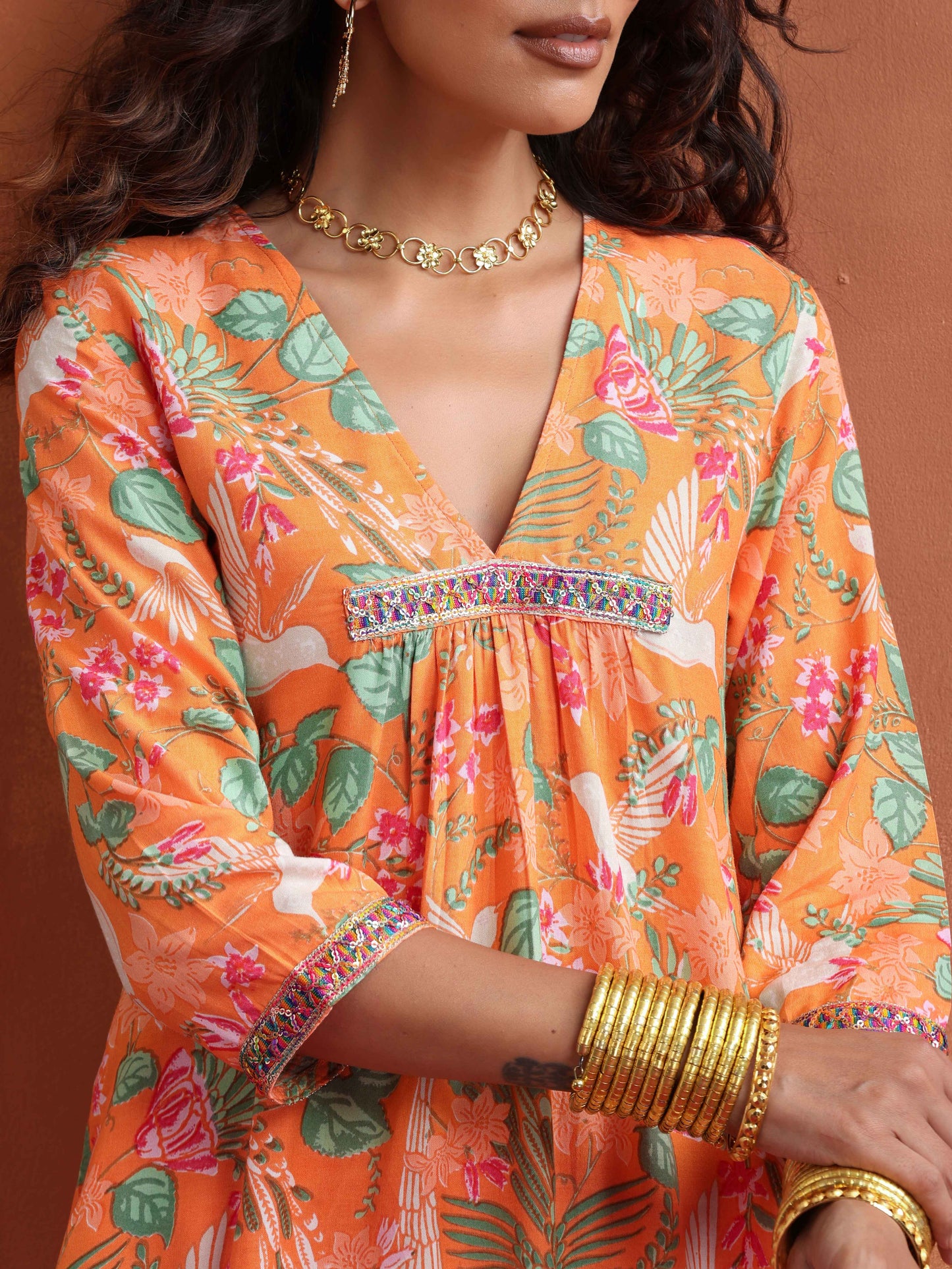 trueBrowns Orange Floral Print A-line Kurta Set | Swadesiicart