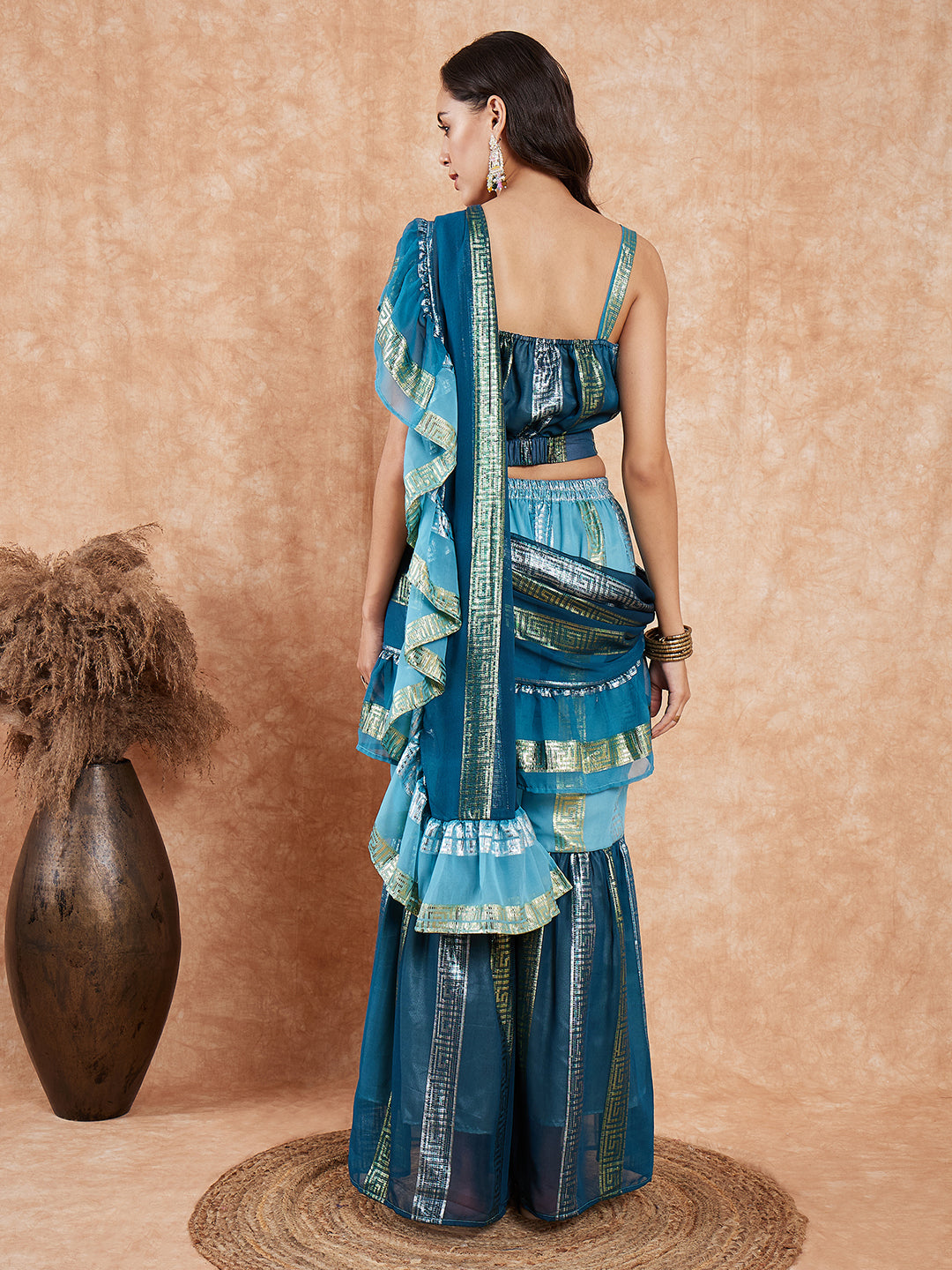 InWeave Women's Teal Shaded Lurex Frill Sharara Saree - Swadesiicart