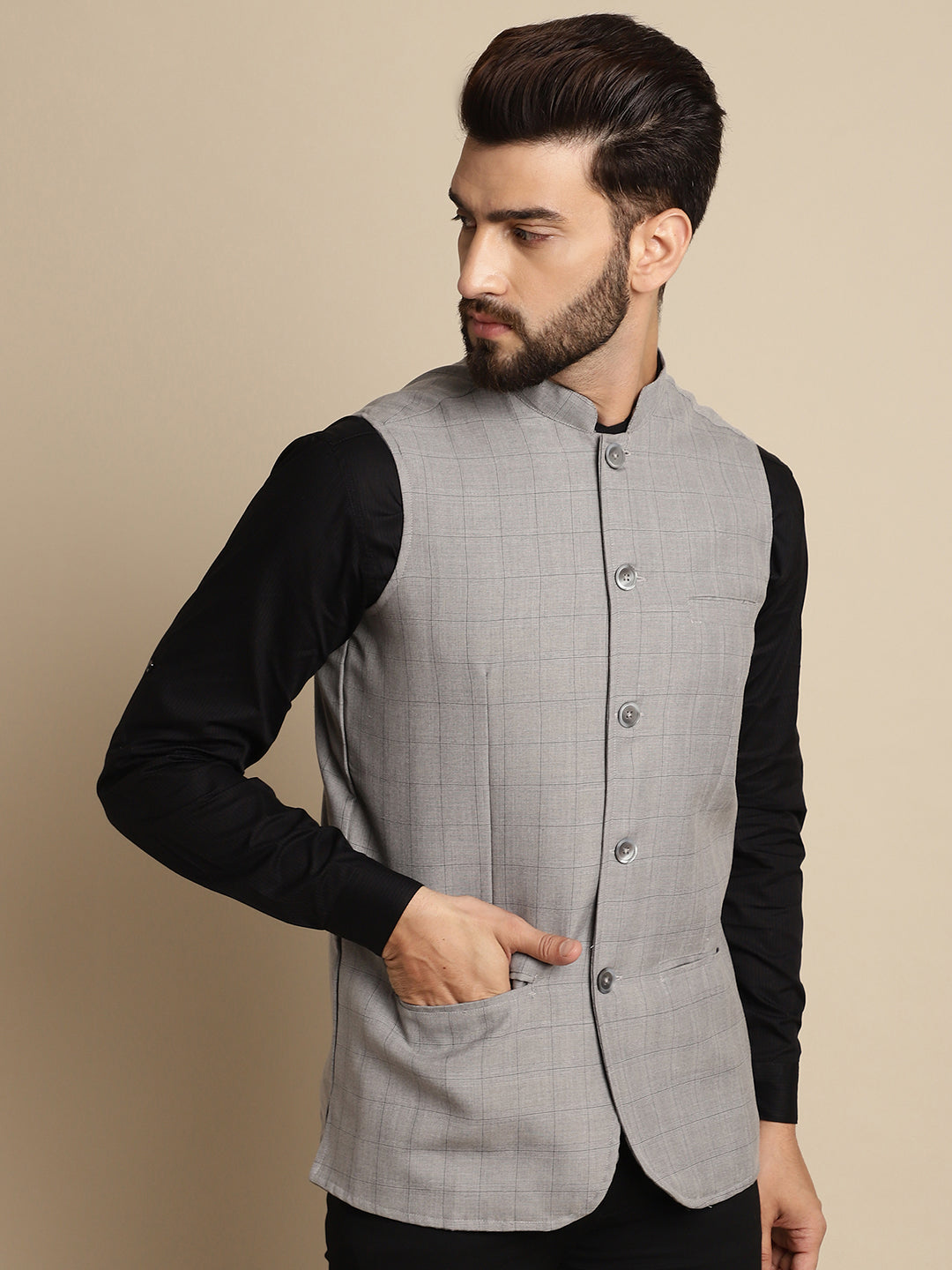 Even Apparels Men's Grey Mandarin Collar Waistcoat | Swadesiicart