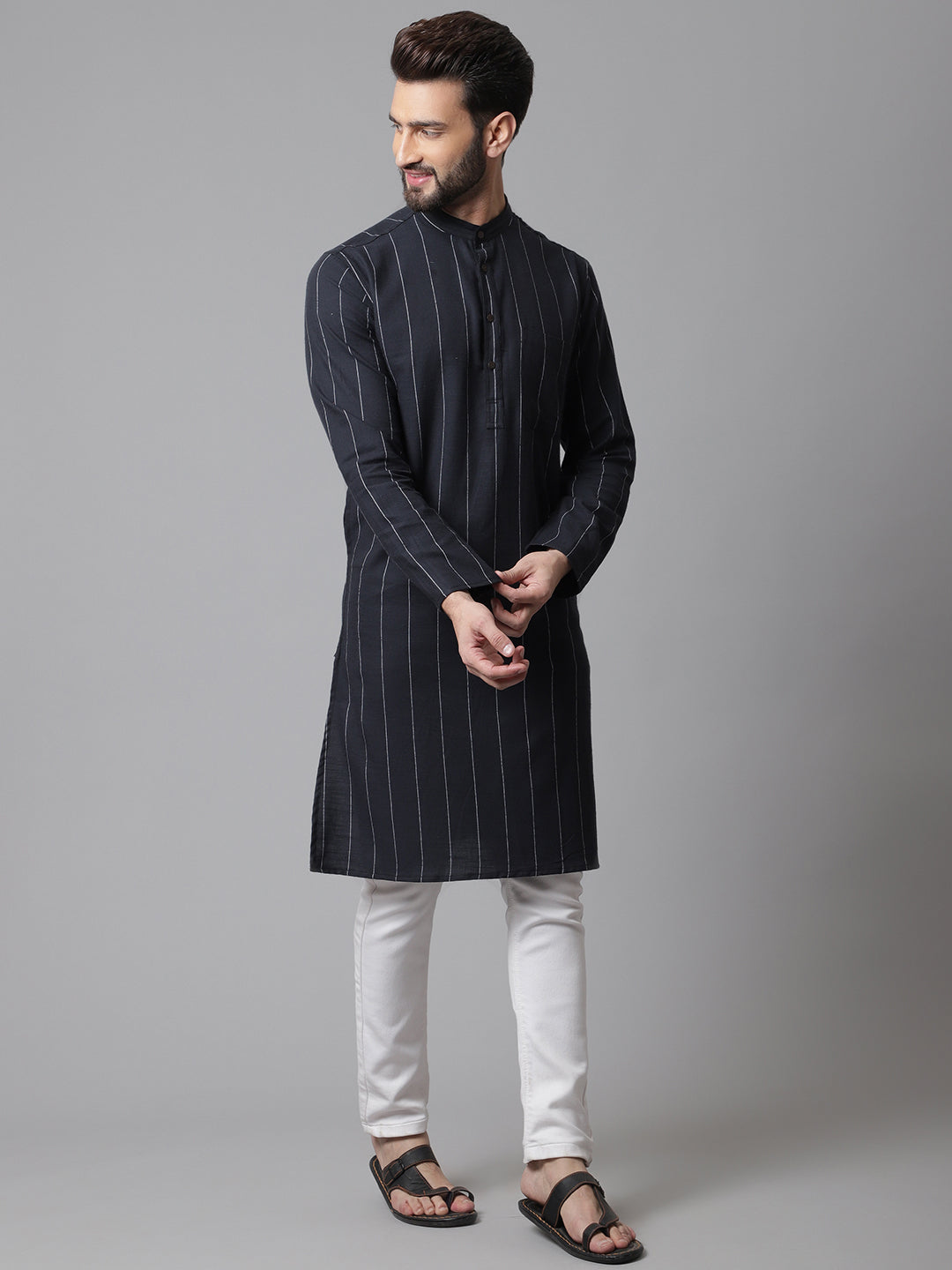 Even Apparels Black Pure Cotton Kurta With Band Collar | Swadesiicart