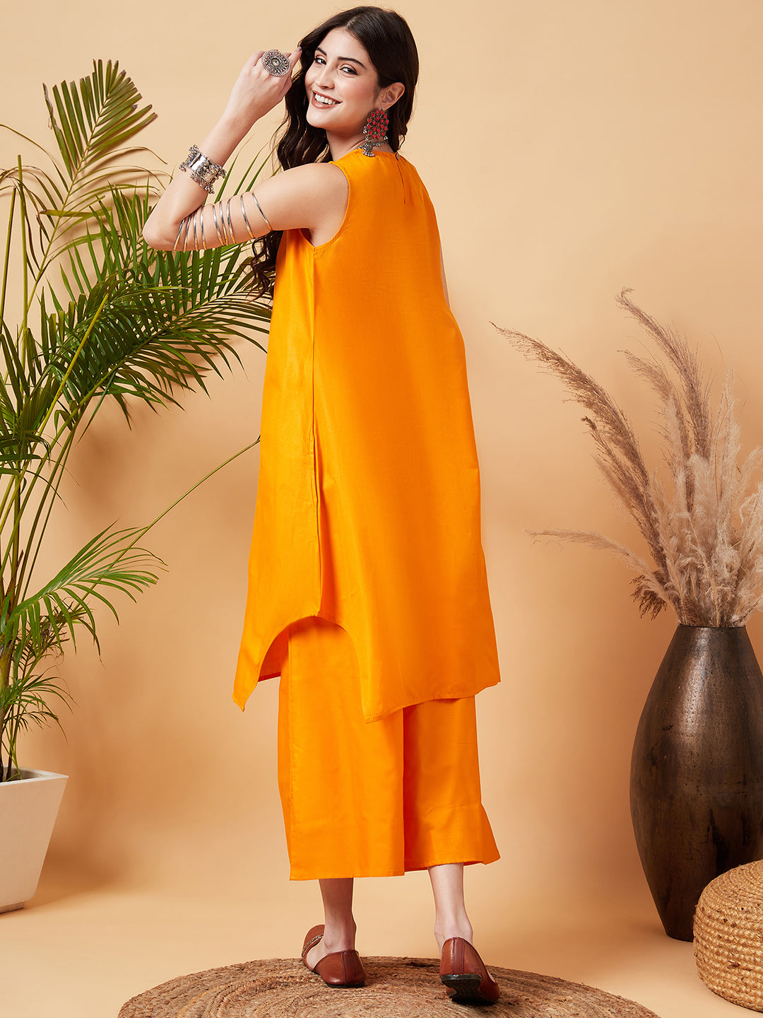 InWeave Women's Tangy Orange Short Kurta Palazzo Set - Swadesiicart