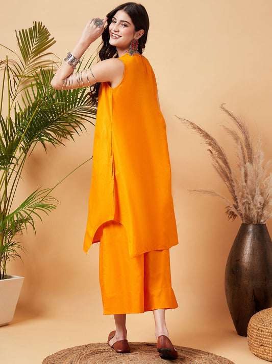 InWeave Women's Tangy Orange Short Kurta Palazzo Set - Swadesiicart
