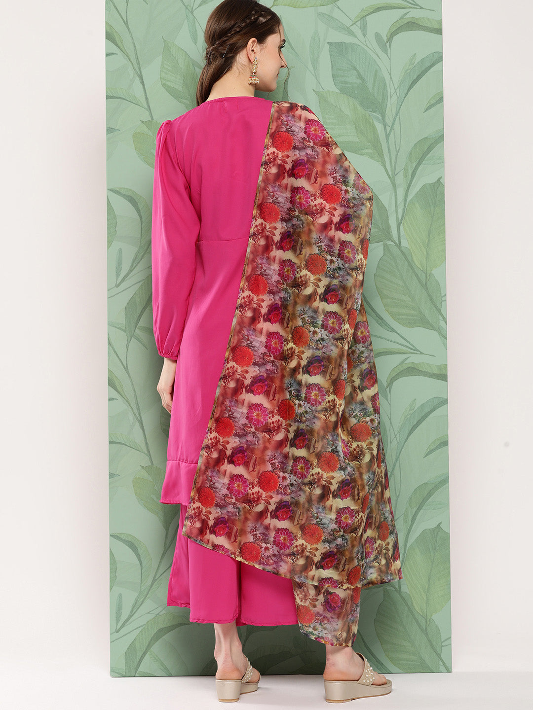 InWeave Women's Magenta Tie Up Kurta Set W Camel Brown Or Dupatta - Swadesiicart