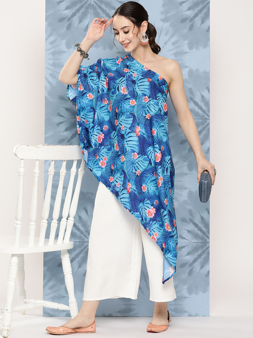 InWeave Women's Blue Pink Japanese Art Oneshoulder Top - Swadesiicart