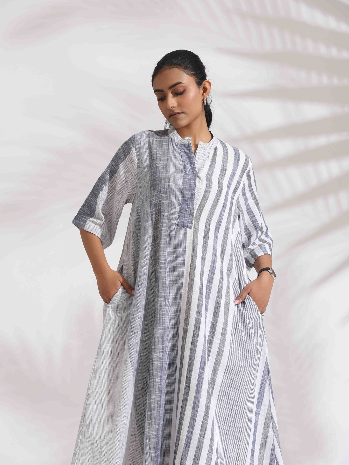 trueBrowns Off-White Cotton Multi Stripe Flared Dress | Swadesiicart