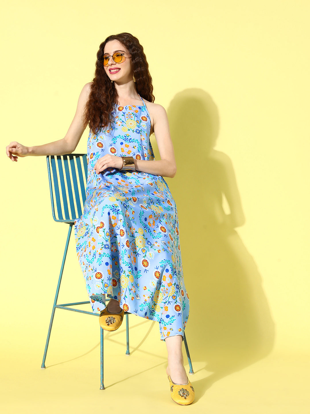 InWeave Women's Sky Blue Print Backless Long Kurta Pant Set - Swadesiicart