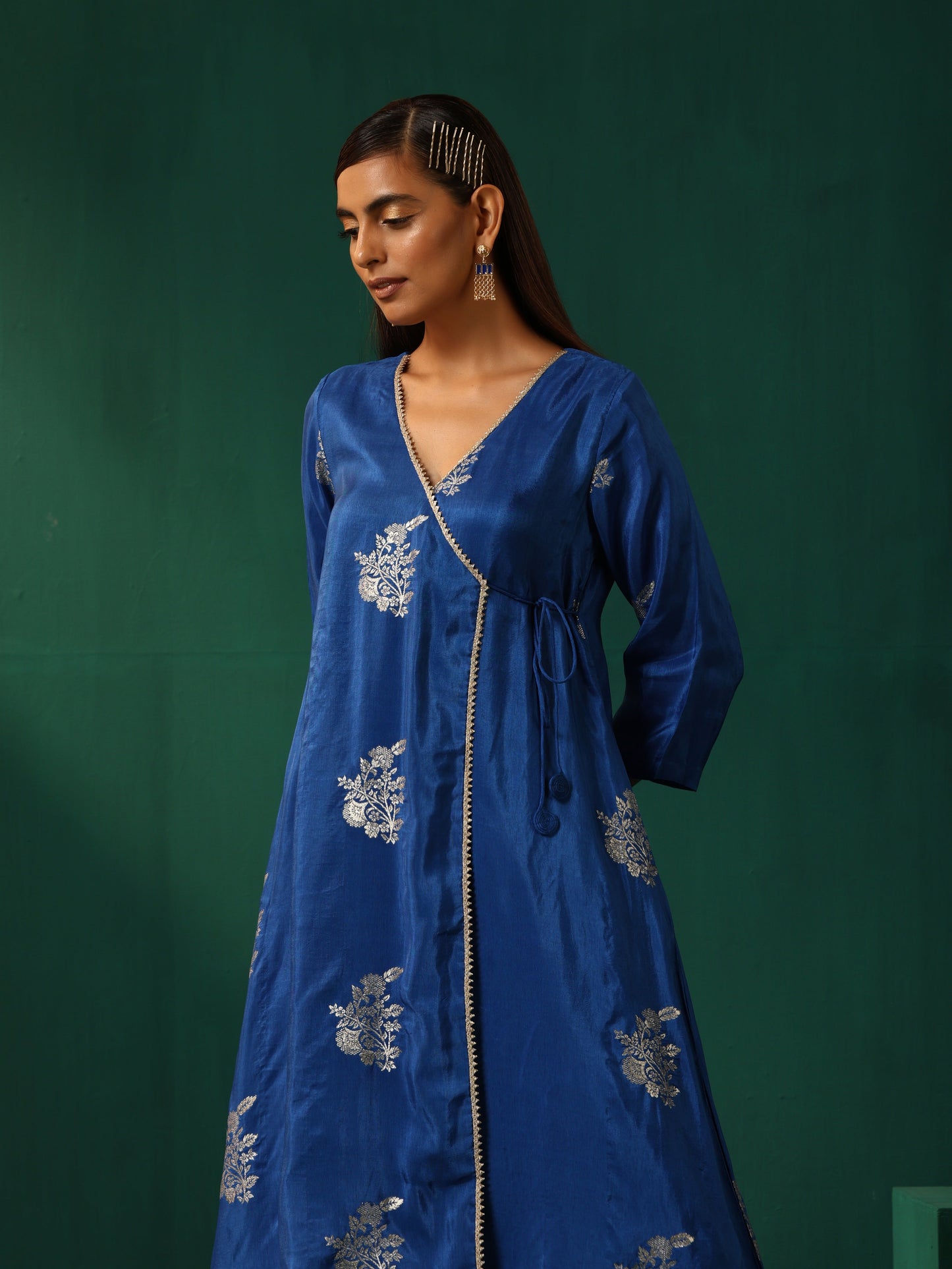 trueBrowns Royal Blue Floral Viscose Silk Angrakha Kurta Pant Set | Swadesiicart